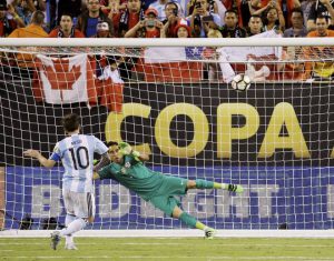 Argentina's Lionel Messi misses his shot during penalty kicks in the Copa America Centenario final against Chile in East Rutherford, N.J.