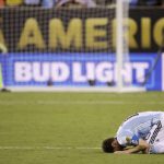 Argentina's Lionel Messi reacts after losing 4-2 to Chile in penalty kicks during the Copa America Centenario, in East Rutherford, N.J.