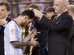 Argentina's Lionel Messi waits to receive the second place medal during the Copa America Centenario awards ceremony in East Rutherford, New Jersey, United States, on June 26.