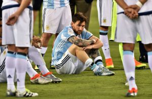 Argentina's Lionel Messi waits to receive the second place medal during the Copa America Centenario awards ceremony in East Rutherford, New Jersey, United States, on June 26.