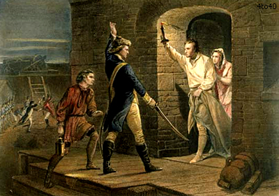 Depiction of Ethan Allen demanding the fort's surrender