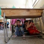 Children attend a war safety awareness class conducted by civil defence members, in the rebel-controlled area of Maaret al-Numan town in Idlib province, Syria, on May 14.