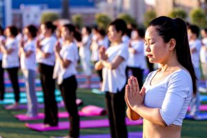 Chinese enthusiasts practicing yoga at a sport center stadium in Hua county, central China's Henan province.