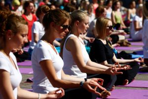 People do yoga during International Yoga Day in Minsk, Belarus