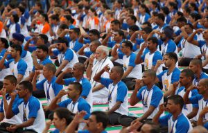 Prime Minister Narendra Modi performs yoga during World Yoga Day in Chandigarh, on June 21.