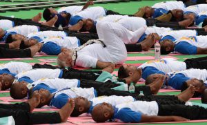 Prime Minister Narendra Modi performs yoga during World Yoga Day in Chandigarh, on June 21.