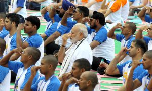 Prime Minister Narendra Modi takes part in a mass yoga event on the 2nd International Day of Yoga at Capitol Complex in Chandigarh