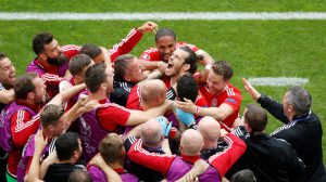 Wales' Gareth Bale celebrates scoring their first goal at a match between Wales and Slovakia at the Euro 2016-Group B at Stade de Bordeaux, Bordeaux, France on June 11, 2016.