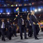 Athletes from India enter the stadium in Maracana, Rio de Janeiro, Brazil