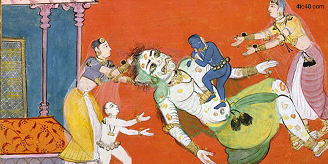 Bal Krishna sucking milk from the breast of demon Putana