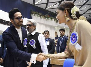 Best Actor awardees actor Ayushmaan Khurrana and actress Keerthy Suresh during the 66th National Film Awards function at Vigyan Bhavan in New Delhi