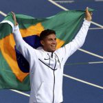 Brazil’s Thiago Braz da Silva celebrates after winning gold in Men’s Pole Vault Final at the Olympic stadium in Rio de Janeiro, Brazil, on August 15, 2016.