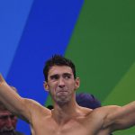 Gold medallist USA’s Michael Phelps, reacts after the Men’s swimming 4 x 100m Medley Relay Final at the Rio 2016 Olympic Games at the Olympic Aquatics Stadium in Rio de Janeiro on August 13, 2016.