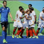 India’s Chinglensana Singh (C) celebrates with his teammates after scoring a goal during the men’s field hockey Argentina vs India match of the Rio 2016 Olympics Games at the Olympic Hockey Centre in Rio de Janeiro on August 9, 2016.
