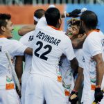 India’s Kothajit Singh Khadangbam (2R) celebrates with his teammates after scoring a goal during the men’s field hockey Argentina vs India match of the Rio 2016 Olympics Games at the Olympic Hockey Centre in Rio de Janeiro on August 9, 2016.