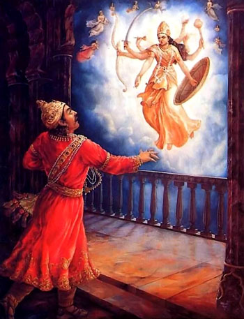 After Krishna’s birth, Kamsa tried to kill Krishna’s younger sister Yoga maya, but she rose to the sky in her eight-armed form.