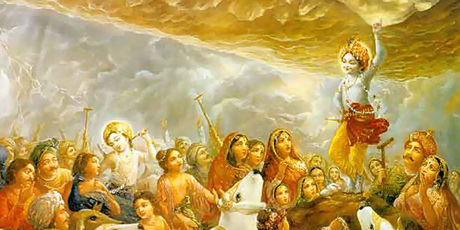 Lord Krishna lifts Govardha