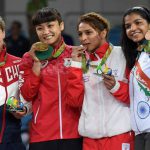 Russia’s Valeria Koblova, from left, silver medalist, Japan’s Kaori Icho, gold medalist, Tunisia’s Marwa Amri, bronze medalist, India’s Sakshi Malik pose during the medals ceremony for the women’s wrestling freestyle 58kg competition