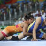 Sakshi Malik and Aisuluu Tynybekova of Kyrgyzstan compete in the Women’s Freestyle 58kg broze medal match at Carioca Arena 2 in Rio de Janeiro