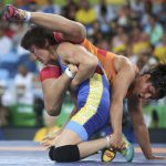 Sakshi Malik and Aisuluu Tynybekova of Kyrgyzstan compete in the Women’s Freestyle 58kg broze medal match at Carioca Arena 2 in Rio de Janeiro.