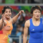 Sakshi Malik celebrates after winning bronze against Kyrgyzstan’s Aisuluu Tynybekova in the women’s wrestling freestyle 58kg