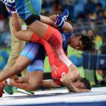 Sakshi Malik (Blue) trounced Mangolia’s Orkhon Purevdorg 12-3 in Repechage round to advance to bronze medal play-off in Rio Olympics