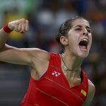 Spain’s Carolina Marin celebrates during her match against India’s Pusarla V Sindhu during their women’s singles Gold Medal badminton match at the Riocentro stadium in Rio de Janeiro on August 19, 2016, for the Rio 2016 Olympic Games. World No 1 Marin beat Sindhu 19-21, 21-12, 21-15 to win gold.