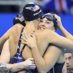 Team USA celebrates winning their gold medal in Women’s 4 x 100m Medley Relay Final at the Olympic Aquatics Stadium, in Rio de Janeiro, Brazil, on August 13, 2016.