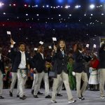 The Refugee Olympic Athletes' team arrives for the opening ceremony in Maracana, Rio de Janeiro, Brazil on August 5, 2016.