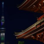 The historic Sensoji temple (R) is seen in the foreground as the landmark Tokyo Skytree (L), the tallest structure in Japan, is illuminated in the yellow and green colours of the Brazilian flag in Tokyo on August 4, 2016, to celebrate the Rio de Janeiro Olympic and Paralympic Games.