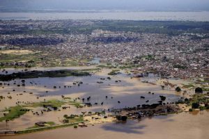 This photo shows an aerial view of flooded-affected city of Allahabad in Uttar Pradesh on August 21, 2016