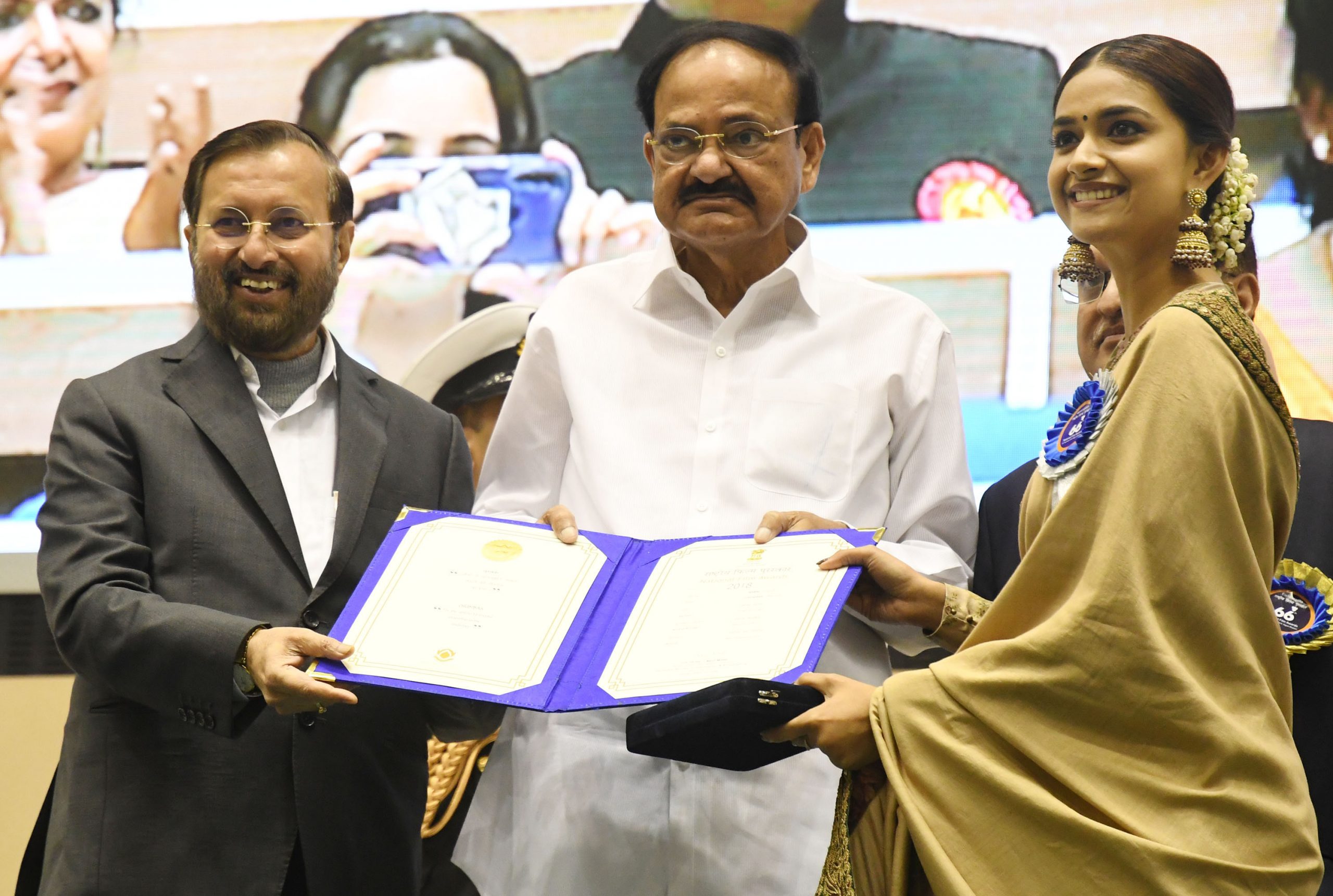 Vice President M Venkaiah Naidu presents Best Actress award to actress Keerthy Suresh for her role in Mahanati during the 66th National Film Awards function at Vigyan Bhavan in New Delhi