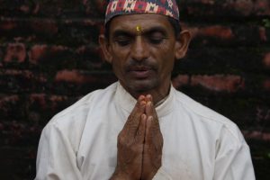 A Nepalese Hindu Brahmin priest prays during the Rishi Panchami festival in Kathmandu on September 6.