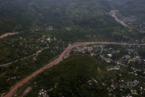 An aerial view of a collapsed bridge after Hurricane Matthew passes Petit Goave, Haiti, on October 5, 2016.