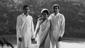 Indira Gandhi along with sons Sanjay and Rajiv Gandhi at their home in New Delhi in the late 1970s