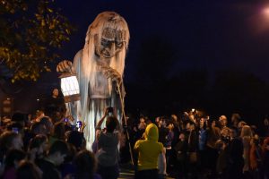 A member of street performance troupe Macnas participates in their 30th anniversary during Halloween parade called Savage Grace in Galway, Ireland, on October 30, 2016.