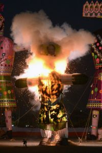 An effigy bearing the image of Pakistan’s Prime Minister Nawaz Sharif in the likeness of Ravana the Hindu demon king, stuffed with fire crackers burns at a gathering in Amritsar on October 11, 2016 on the occasion of the Hindu festival of Dussehra.