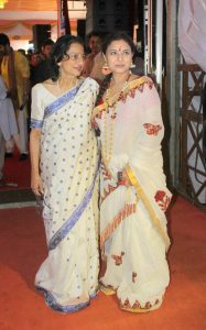 Bollywood actress Tanuja and Sharbani Mukherjee attend Durga Puja celebrations at North Bombay Sarbojanin Durga Puja Samiti 2016 in Mumbai on October 9, 2016.