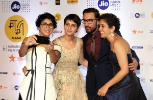Bollywood film director Kiran Rao Khan, actors Fatima Sana Shaikh, Aamir Khan and Sanya Malhotra attend the Jio MAMI 18th Mumbai Film Festival opening ceremony at the Royal Opera House, which was being re-launched after 23 years, in Mumbai on October 20, 2016.