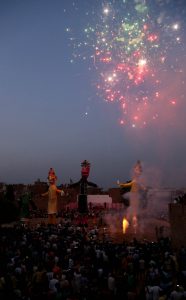 Hindu devotees burn an effigy of demon king Ravana, Meghnath and Kumbhkaran as they celebrate the Hindu festival of Dussehra in Bathinda on October 11, 2016.