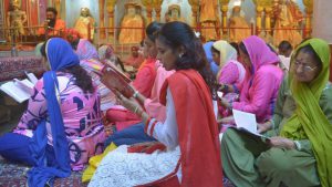 Indian Hindu devotees offer prayers for the Navratri Festival at the Mata Longa Wali Devi temple in Amritsar. As people observe fasting and meditation during these nine days, they also maintain a generally positive, calm and peaceful demeanour, aided by the strictly vegetarian diet followed these nine days