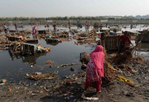 Indian scavengers look for coins and re-usable items amongst the religious offerings and wooden frames of idols of goddess Durga that are piled up in the Yamuna river in New Delhi on October 12, 2016, following the Durga Puja festival.