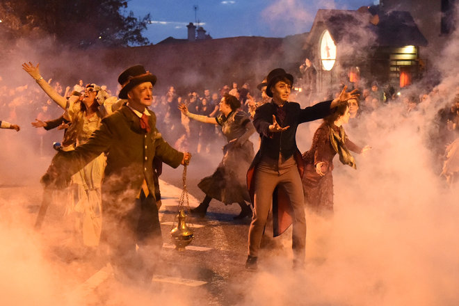 Members of street performance troupe Macnas participate in their 30th anniversary during the Halloween parade called Savage Grace in Galway, Ireland, on October 30, 2016.