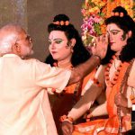 Prime Minister Narendra Modi applies ‘tilak’, or a holy mark, on artistes enacting Lord Rama and Lakshman during Dussehra celebrations at Aishbagh Ram Leela in Lucknow, Uttar Pradesh, on October 11, 2016.