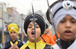 Sikh devotees during a religious procession ahead of gurpurab celebrations of Guru Nanak Dev in Jammu.
