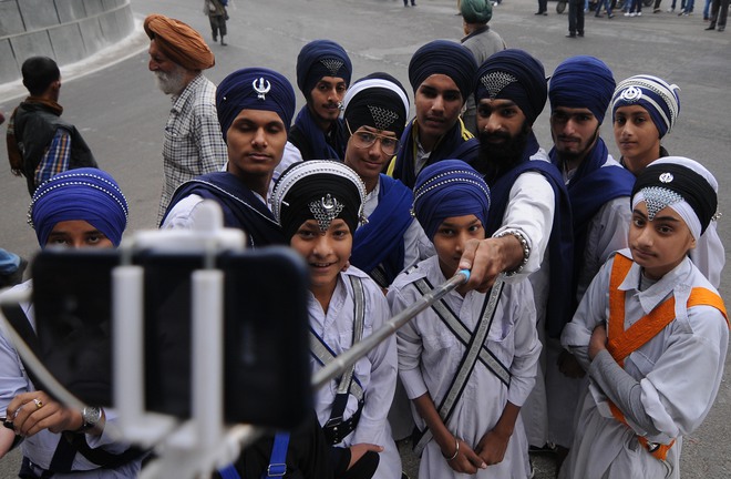 Sikh devotees during a religious procession ahead of gurpurab celebrations of Guru Nanak Dev in Jammu