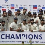 Team India pose for a group photograph with the winning trophy after registering test series win against England, at The MA Chidambaram Stadium in Chennai on December 20, 2016.