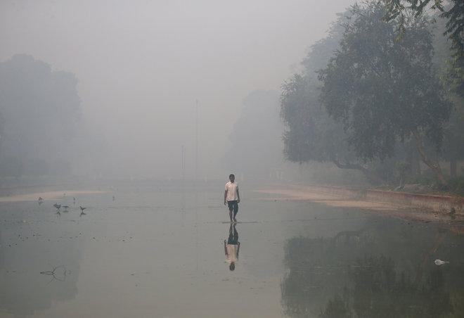 A man walks in a pond on a smoggy morning in New Delhi, on October 31.