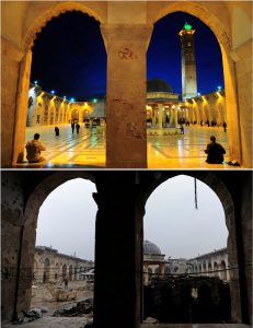 A combination picture shows Aleppo’s Umayyad mosque, Syria, before it was damaged on March 12, 2009, (top) and after it was damaged (bottom) on December 13, 2016.