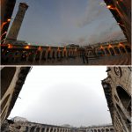 A combination picture shows Aleppos Umayyad mosque, Syria, before it was damaged on March 12, 2009, (top) and after it was damaged December 13, 2016.